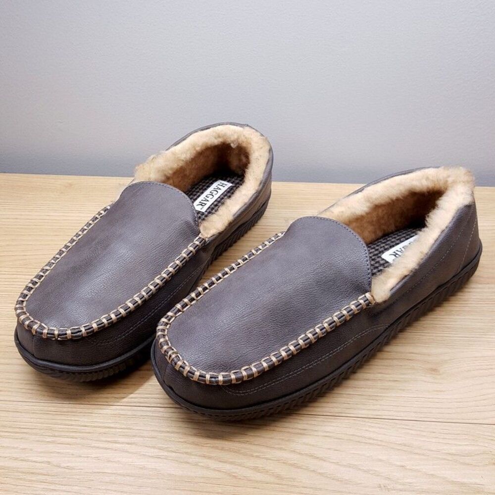 HAGGAR Slippers Mens Size 9.5 10.5 Grey Faux Leather Slip On Lined Memory Foam